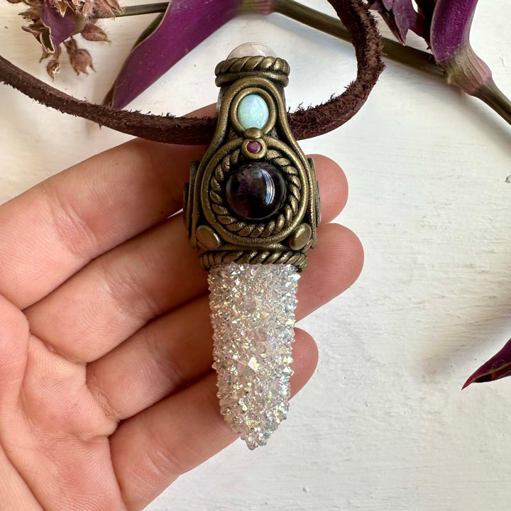 Angel Aura Spirit Quartz Morganite Amethyst Australian Opal and Ruby Pendant Necklace - FairyGardenGlow