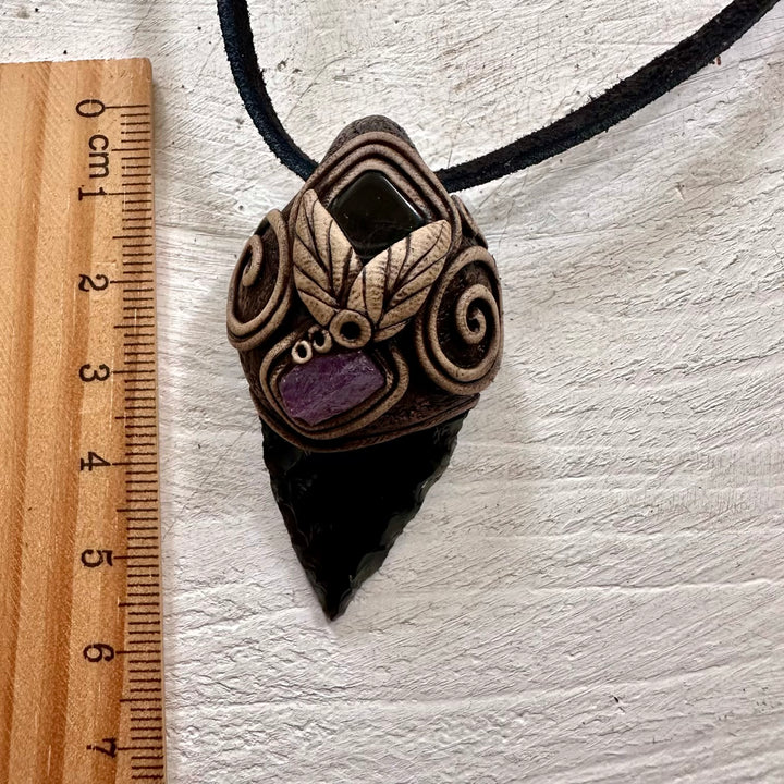 Black Obsidian Arrowhead Ruby and Dravite Pendant Necklace - FairyGardenGlow