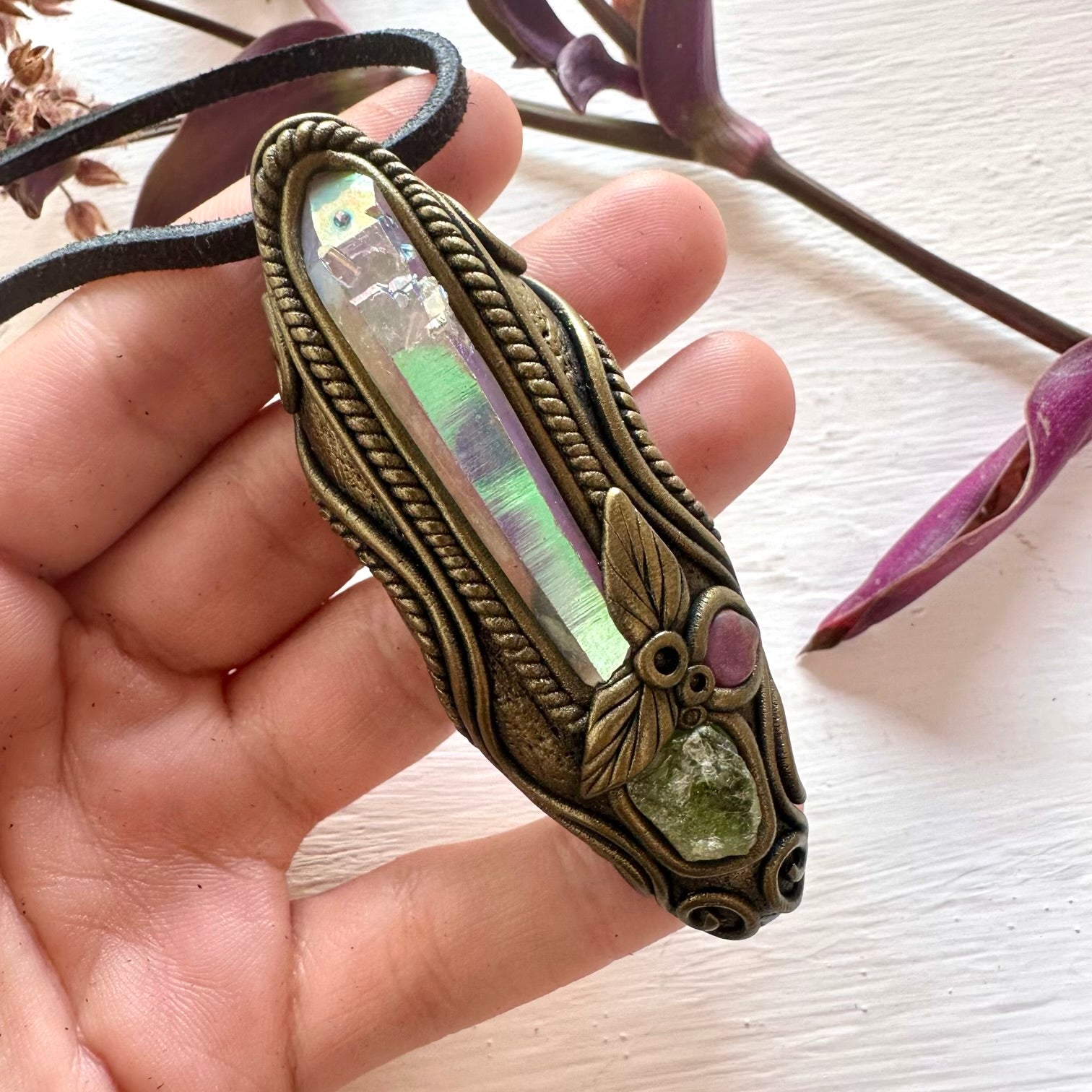 Angel Aura Quartz Raw Peridot and Ruby Necklace - FairyGardenGlow