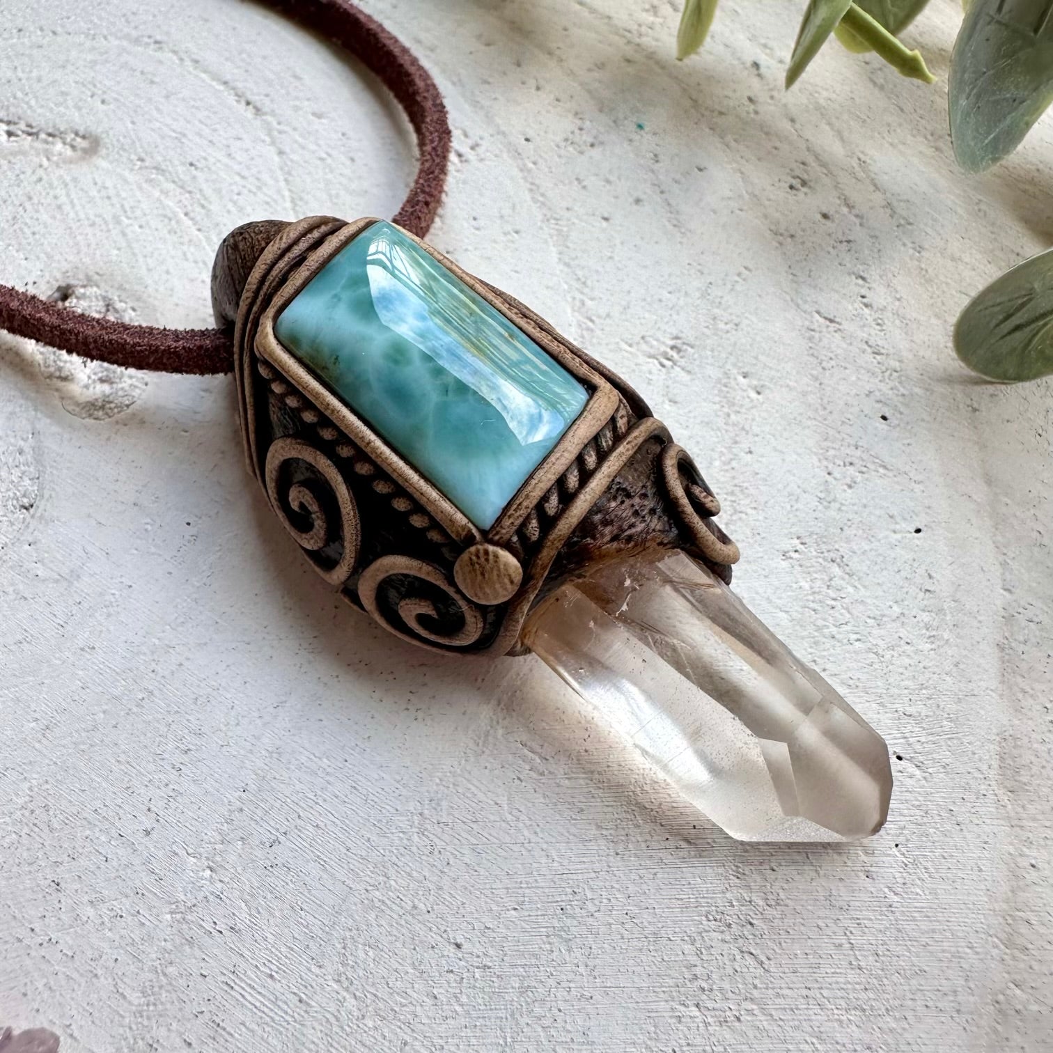 Lemurian quartz paired with larimar in a necklace