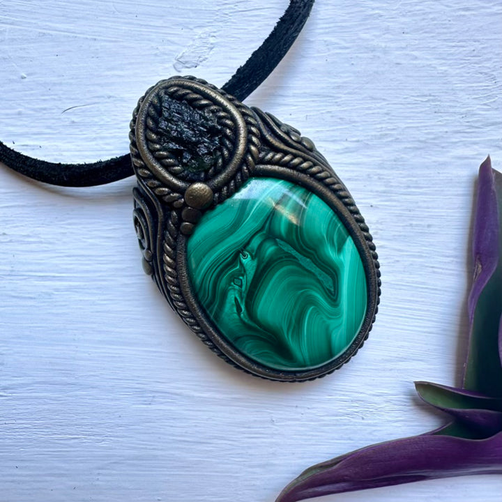 Malachite and Moldavite Necklace - FairyGardenGlow