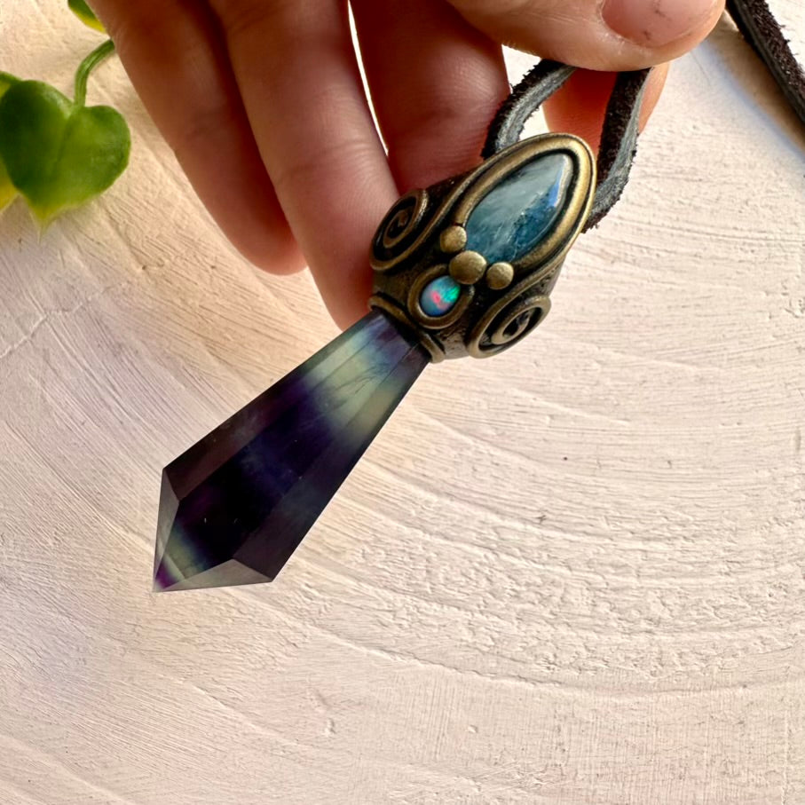 Unique handcrafted necklace featuring Fluorite, Aquamarine and Opal