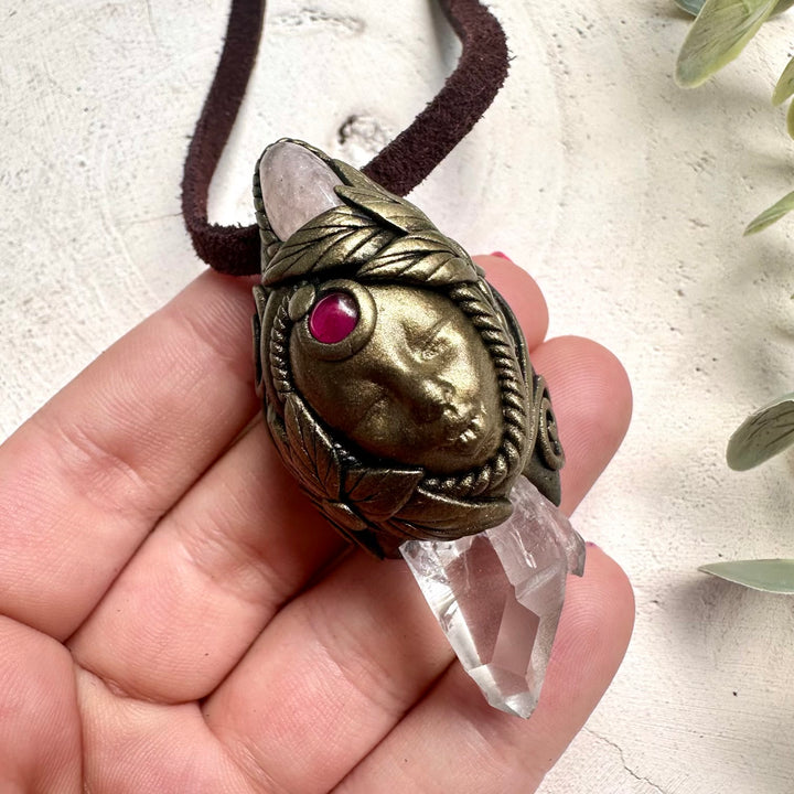 Goddess crystal necklace with Clear Quartz, Morganite and Rhodolite Garnet handmade with natural gemstones