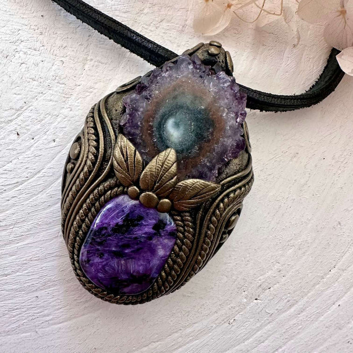 Charoite and Amethyst Stalactite Necklace - FairyGardenGlow