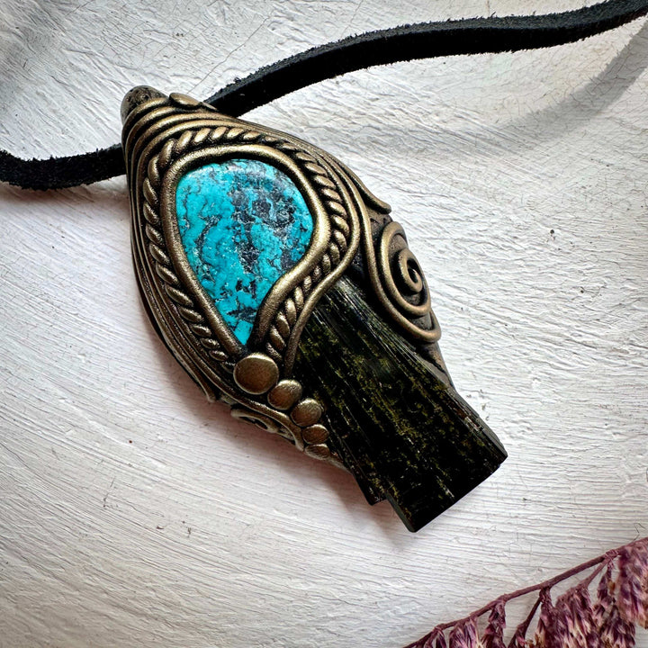 Epidote and Turquoise Pendant Necklace - FairyGardenGlow