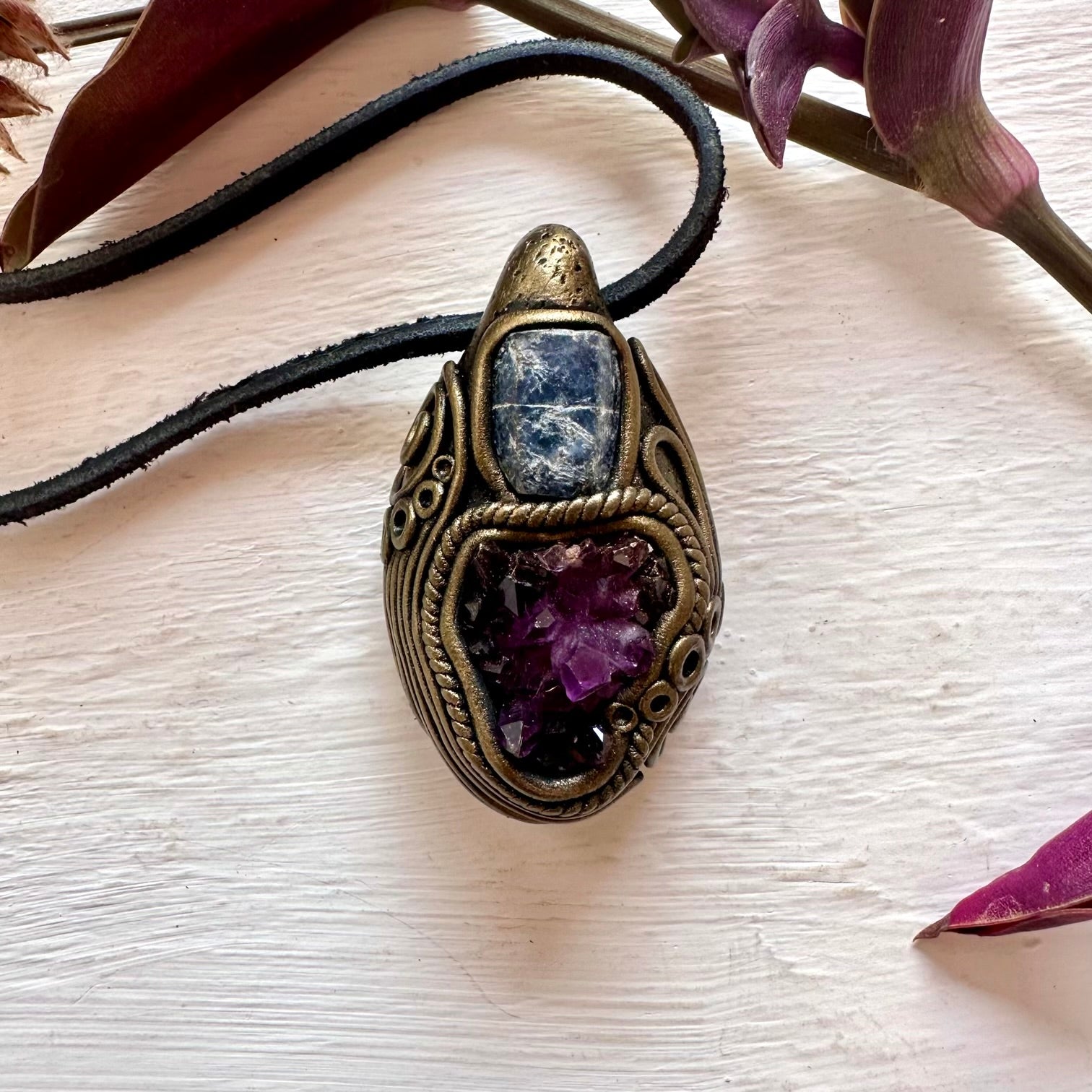 Amethyst Cluster and Raw Blue Sapphire Pendant Necklace - FairyGardenGlow