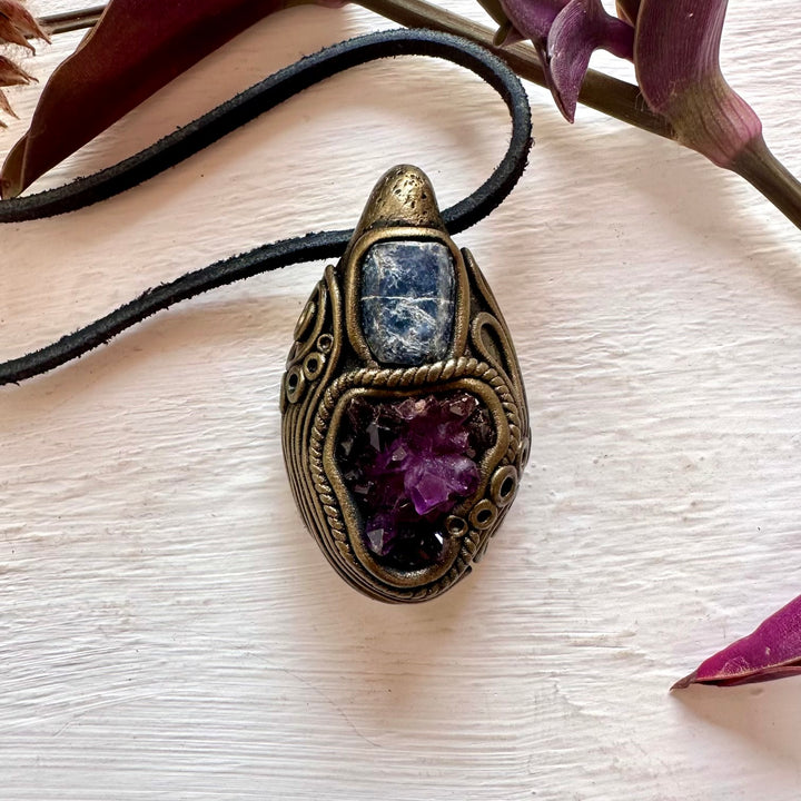 Amethyst Cluster and Raw Blue Sapphire Pendant Necklace - FairyGardenGlow