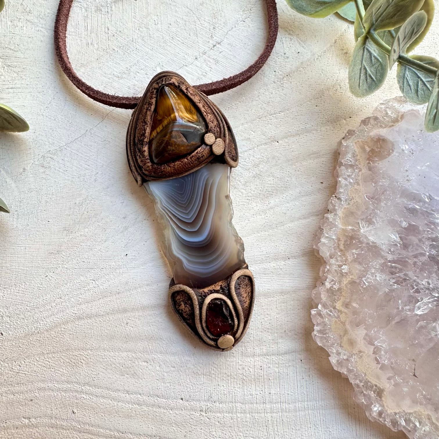 Botswana Agate Tigers Eye and Red Garnet Pendant, Crystal Unisex Necklace