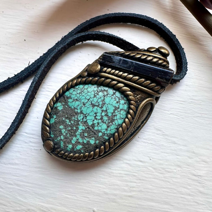 Turquoise and Black Tourmaline Pendant Necklace - FairyGardenGlow