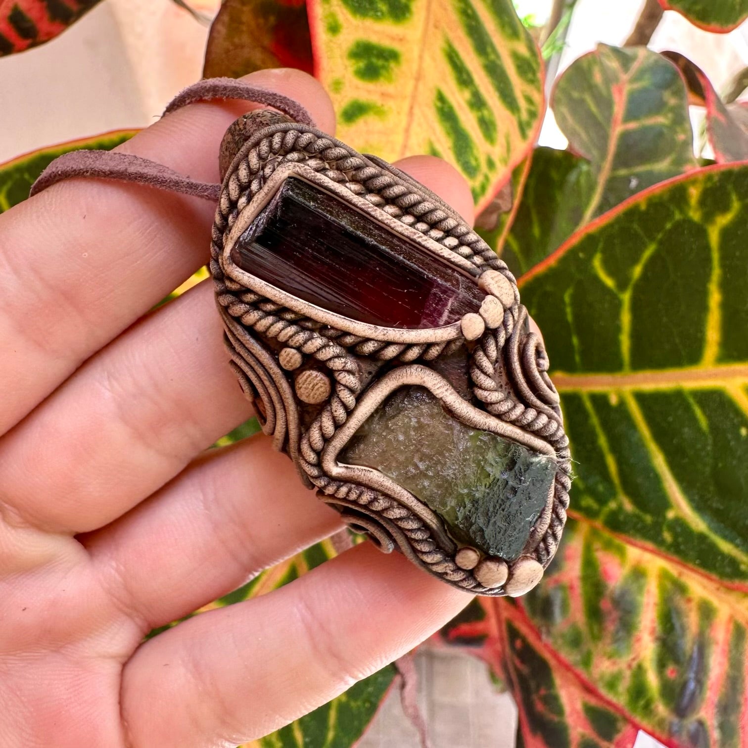 Rubellite Tourmaline and Moldavite Pendant Necklace - FairyGardenGlow