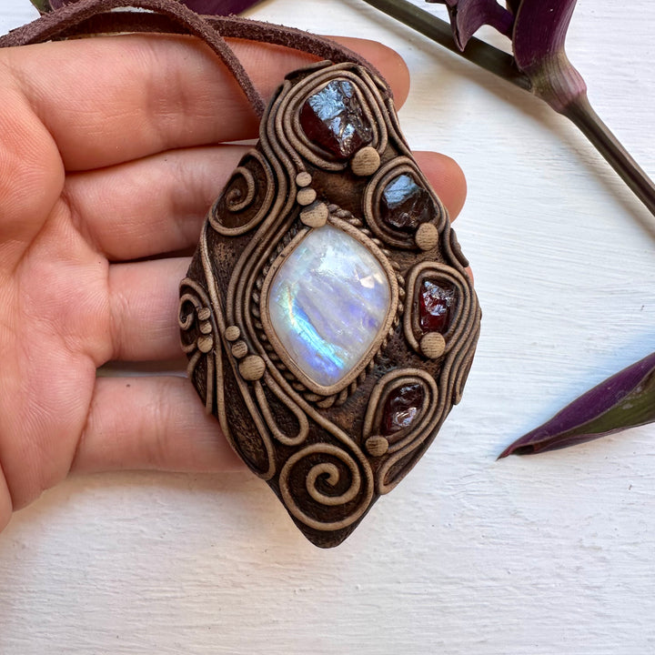 Rainbow Moonstone and Red Garnet Necklace - FairyGardenGlow