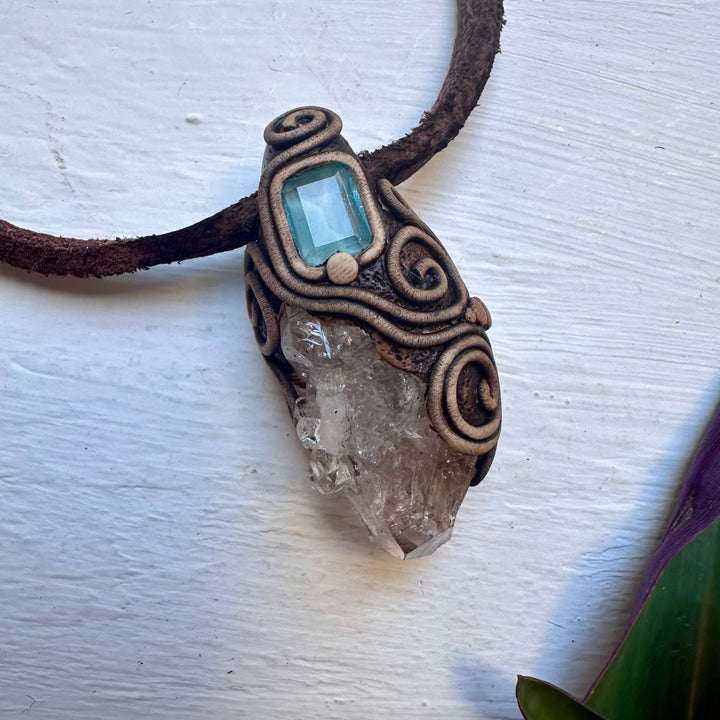 Herkimer Diamond Quartz and Blue Topaz Pendant Necklace - FairyGardenGlow