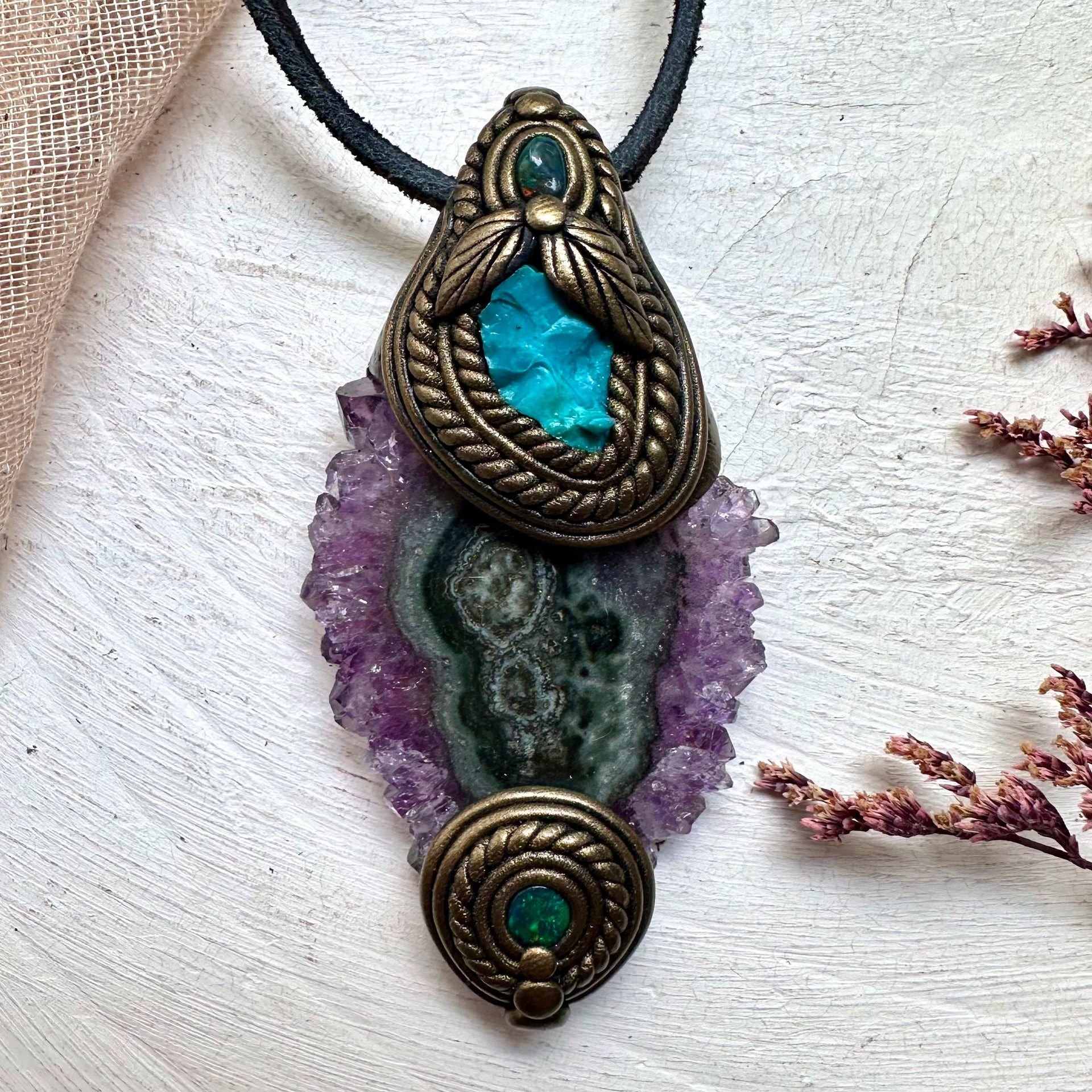 Amethyst Stalactite Raw Chrysocolla and Black Opal Necklace - FairyGardenGlow
