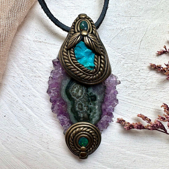 Amethyst Stalactite Raw Chrysocolla and Black Opal Necklace - FairyGardenGlow