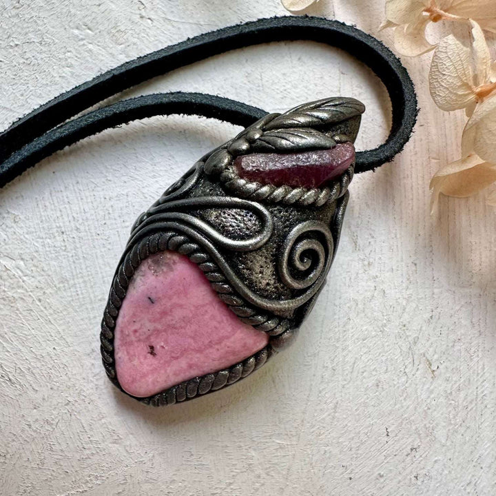 Peruvian Rhodonite and Raw Ruby Pendant Necklace - FairyGardenGlow
