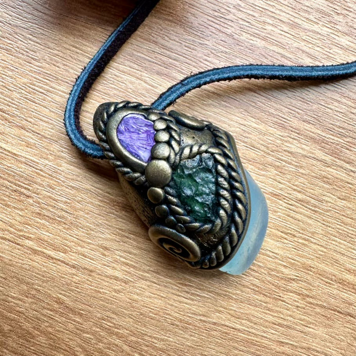 Aquamarine Charoite and Moldavite Necklace, Handmade Crystal Jewelry - FairyGardenGlow