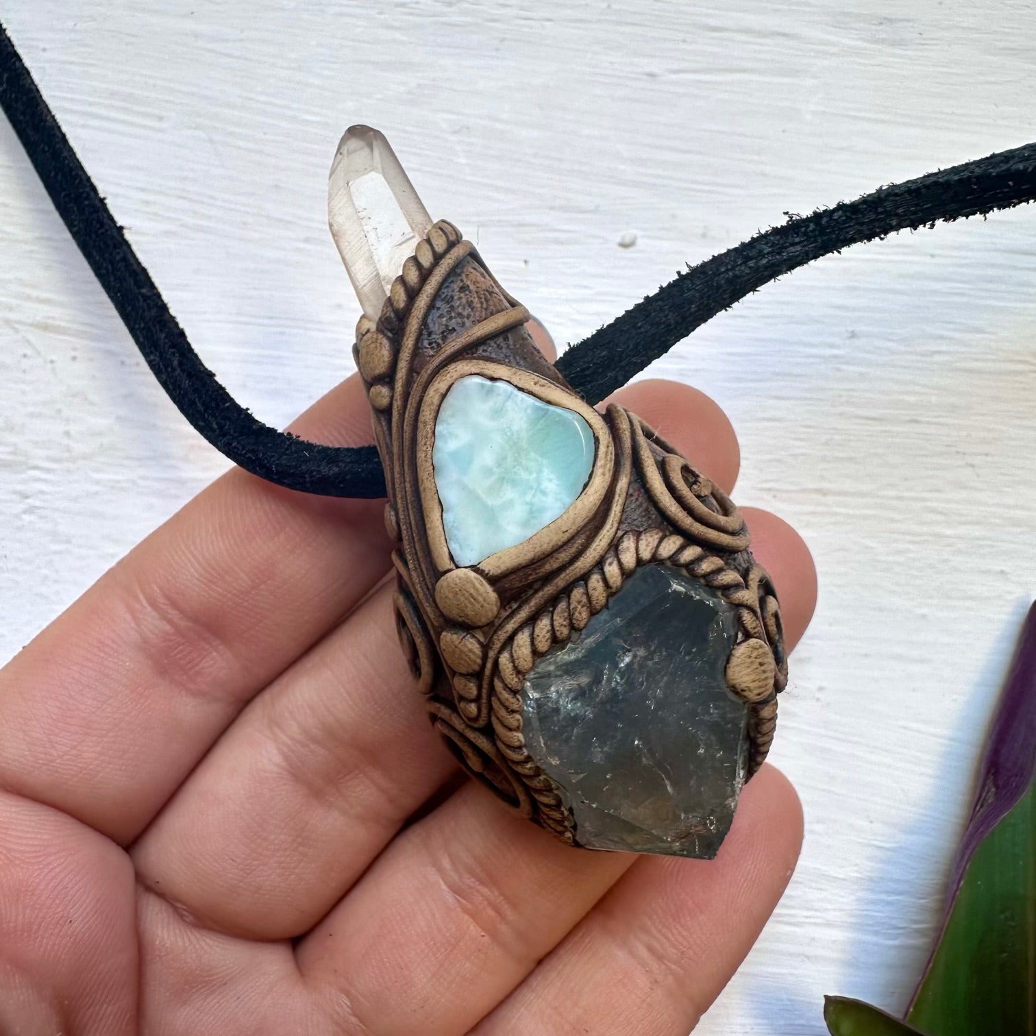 Celestite Clear Quartz and Larimar Necklace, Handmade Crystal Pendant - FairyGardenGlow