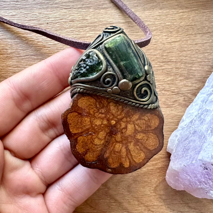 Ayahuasca Necklace, Green Tourmaline and Moldavite Pendant Necklace - FairyGardenGlow