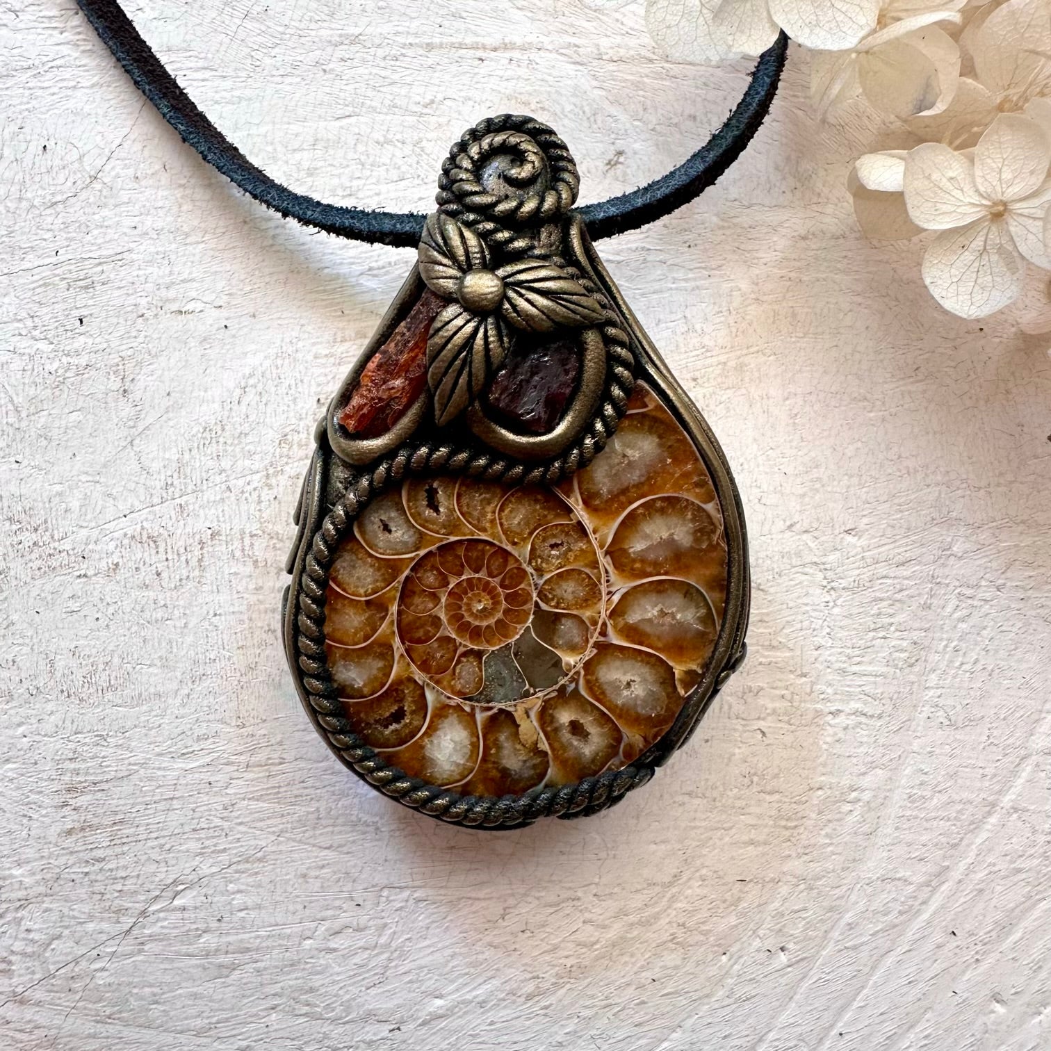 Ammonite Red Garnet and Orange Kyanite Pendant Necklace - FairyGardenGlow