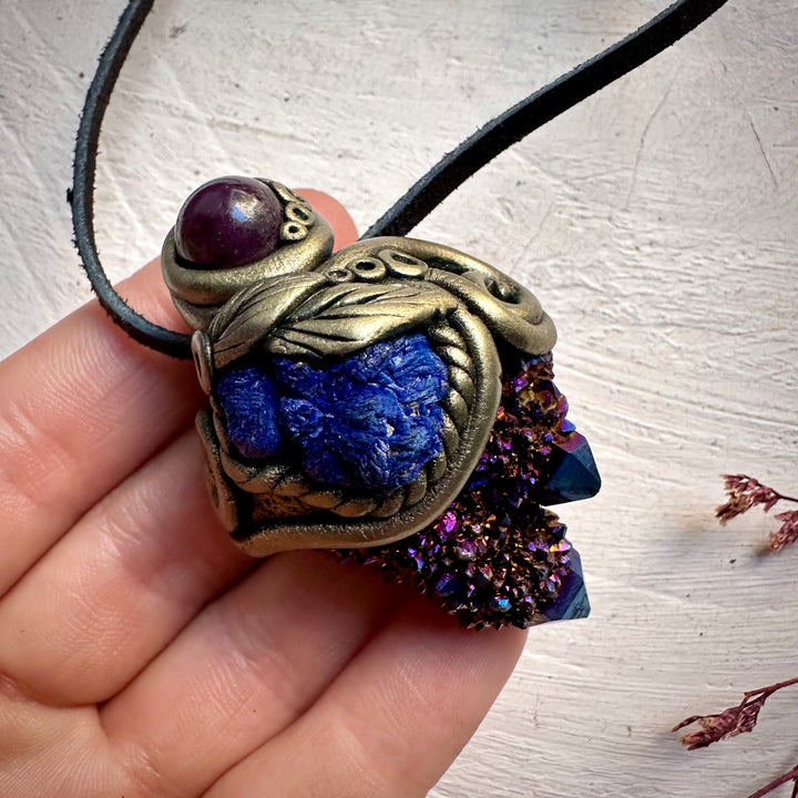 Cobalt Aura Spirit Quartz Azurite and Ruby Necklace - FairyGardenGlow
