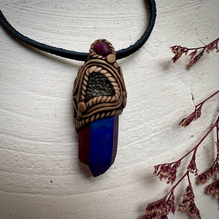 Cobalt Aura Quartz Moldavite and Ruby Pendant Necklace - FairyGardenGlow