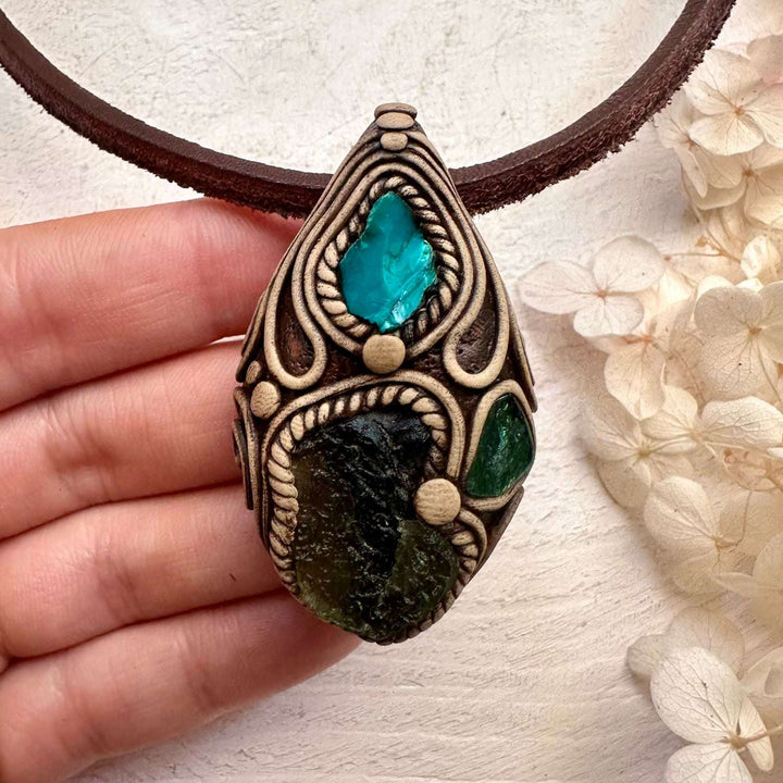Moldavite Green Tourmaline and Chrysocolla Necklace - FairyGardenGlow