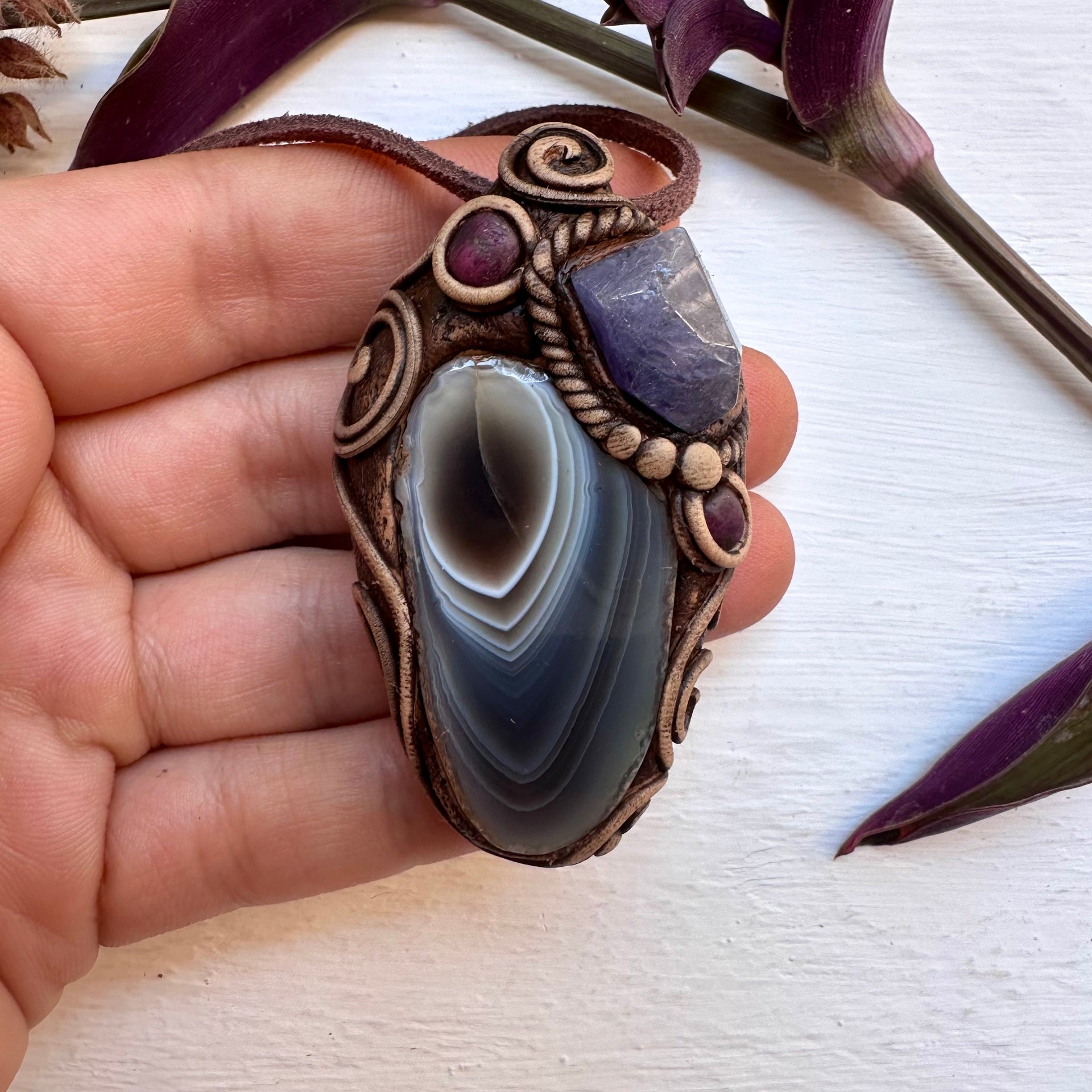 Botswana Agate Tanzanite and Ruby Necklace - FairyGardenGlow