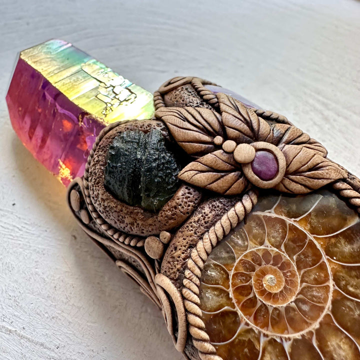 Crystal Wand - Citrine, Sunset Aura Quartz, Ammonite, Rhodochrosite, Charoite, Moldavite and Ruby - FairyGardenGlow