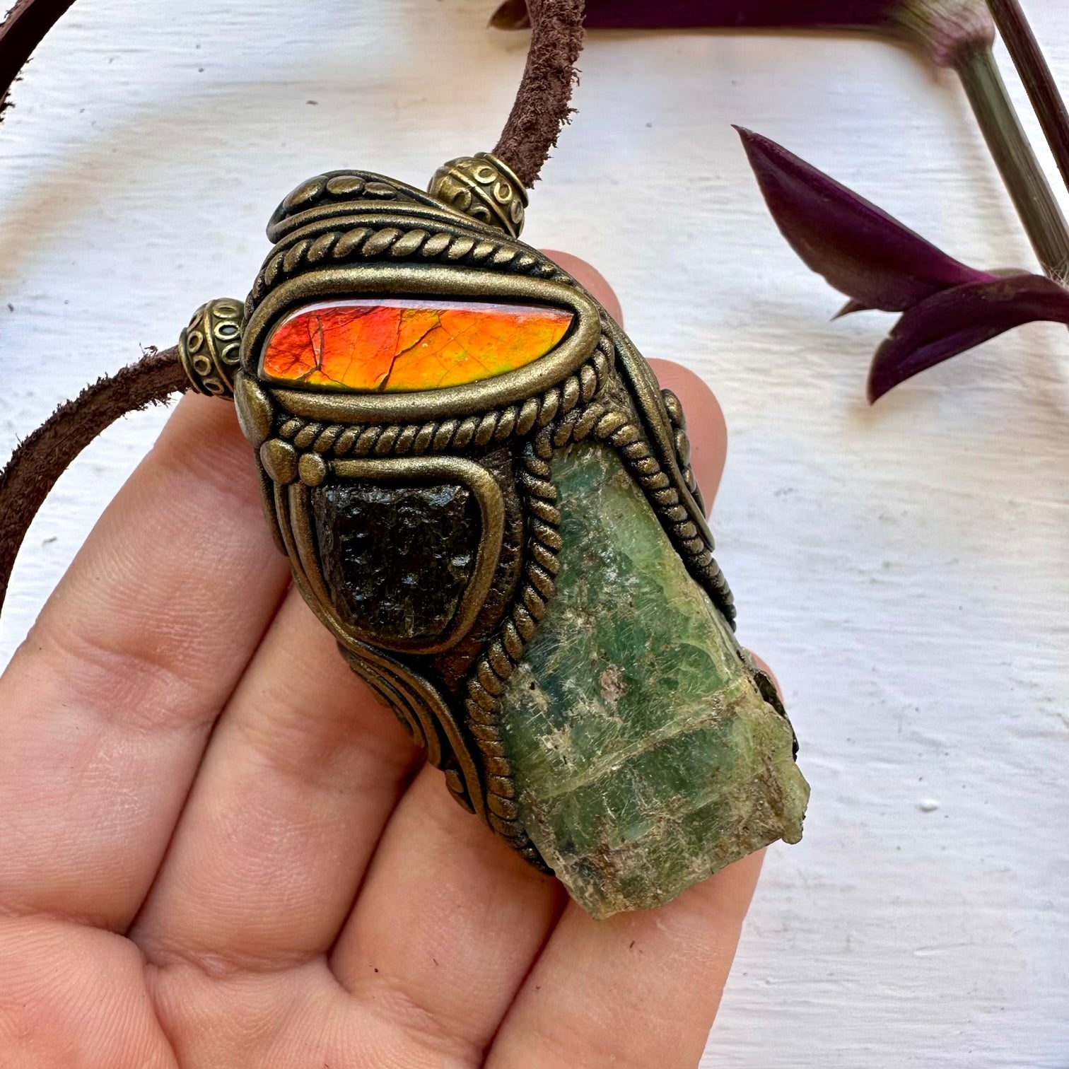 Green Kyanite Ammolite and Moldavite Pendant Necklace - FairyGardenGlow