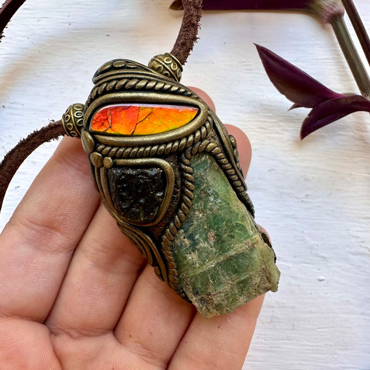 Green Kyanite Ammolite and Moldavite Pendant Necklace - FairyGardenGlow