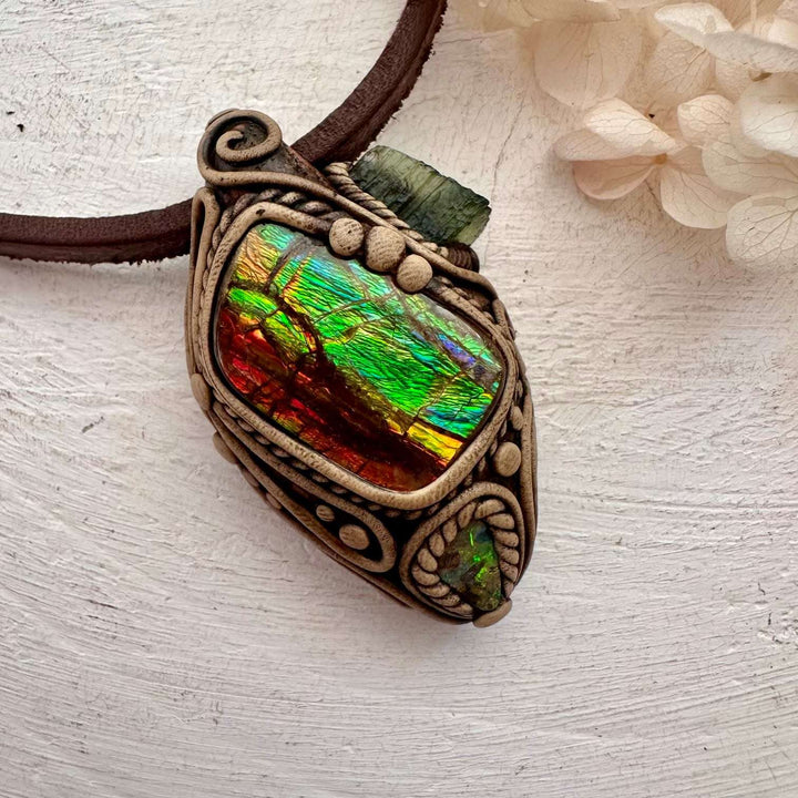 Ammolite Boulder Opal and Moldavite Necklace - FairyGardenGlow
