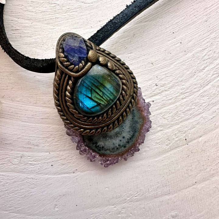 Amethyst Stalactite Labradorite and Tanzanite Pendant Necklace - FairyGardenGlow