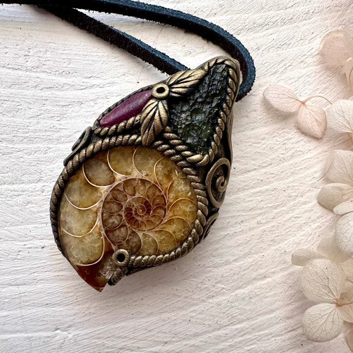 Ammonite Moldavite and Ruby Necklace - FairyGardenGlow