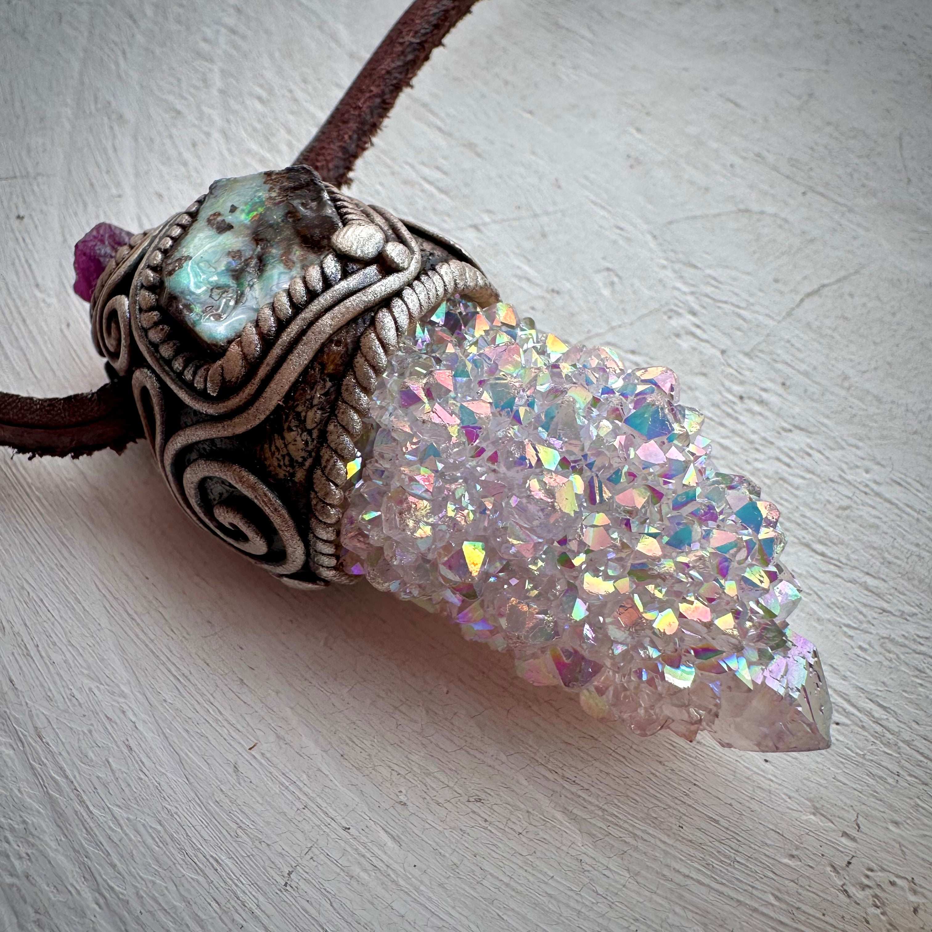 Angel Aura Spirit Quartz Boulder Opal and Ruby Pendant Necklace - FairyGardenGlow