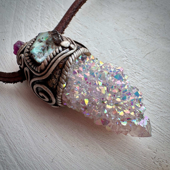 Angel Aura Spirit Quartz Boulder Opal and Ruby Pendant Necklace - FairyGardenGlow