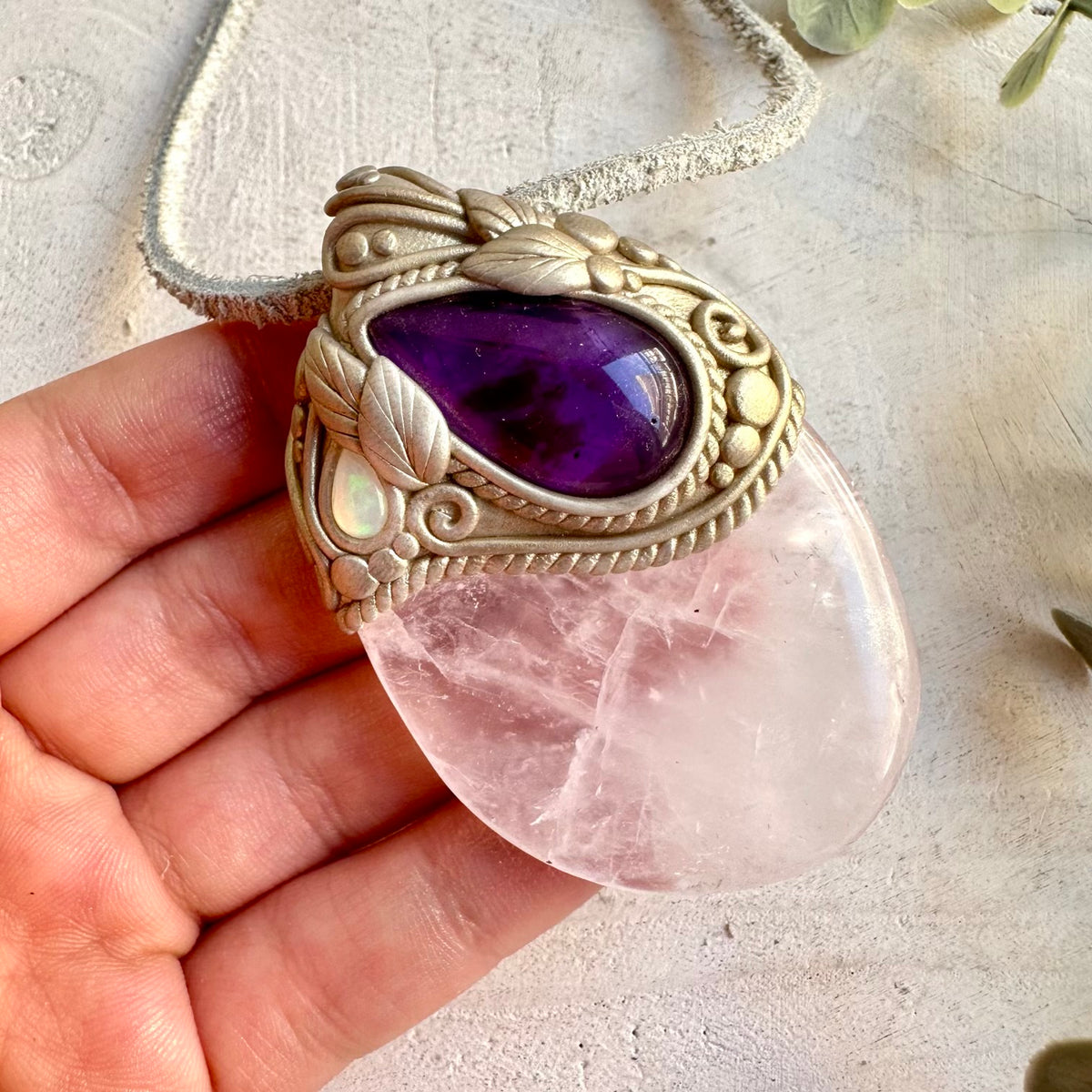 Handmade pendant necklace featuring Rose Quartz, Amethyst and Ethiopian Opal gemstones.