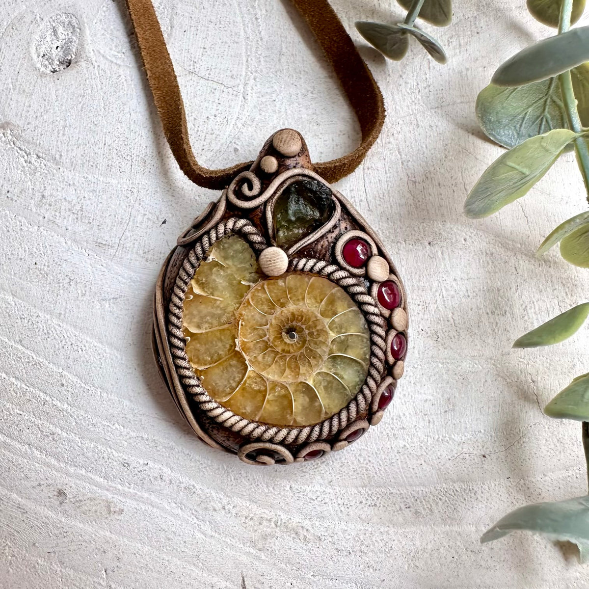 Ammonite with Moldavite and Rhodolite Garnet Necklace / Unisex Crystal Pendant