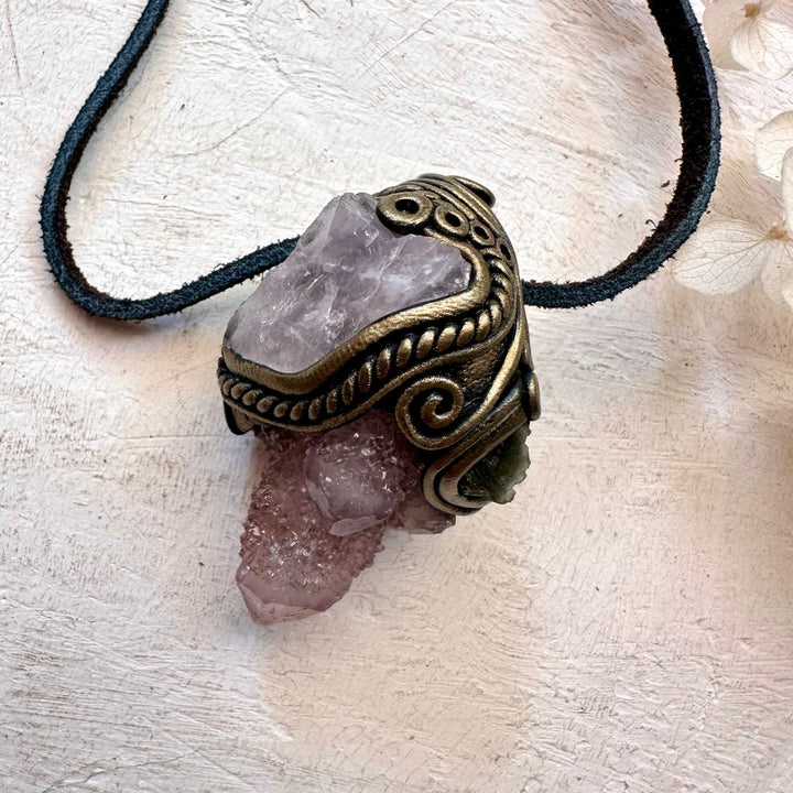 Spirit Quartz Raw Rose Quartz and Moldavite Pendant, Raw Crystal Necklace - FairyGardenGlow
