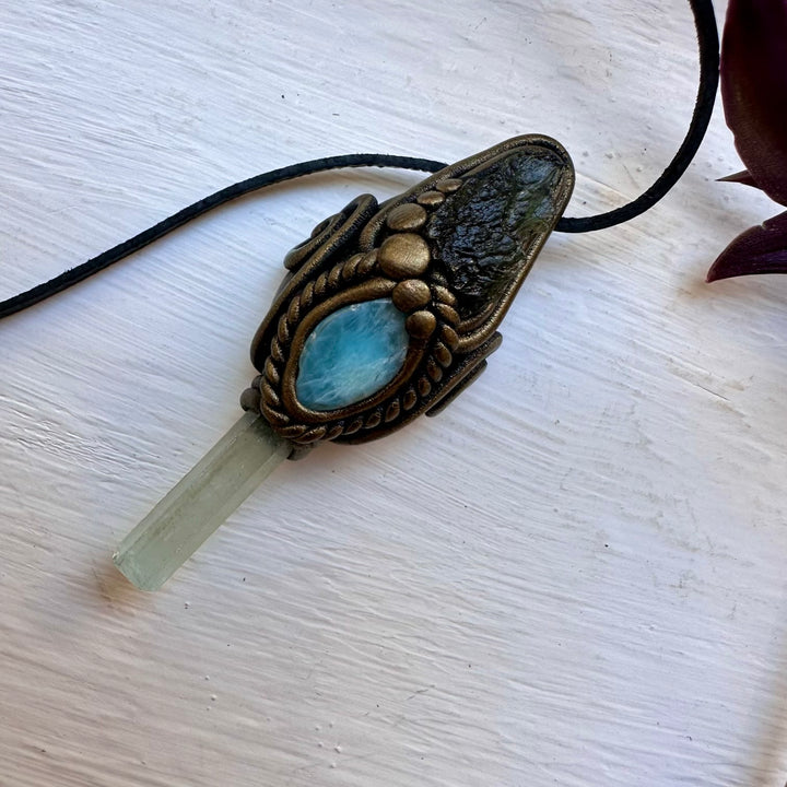 Aquamarine Larimar and Moldavite Necklace - FairyGardenGlow