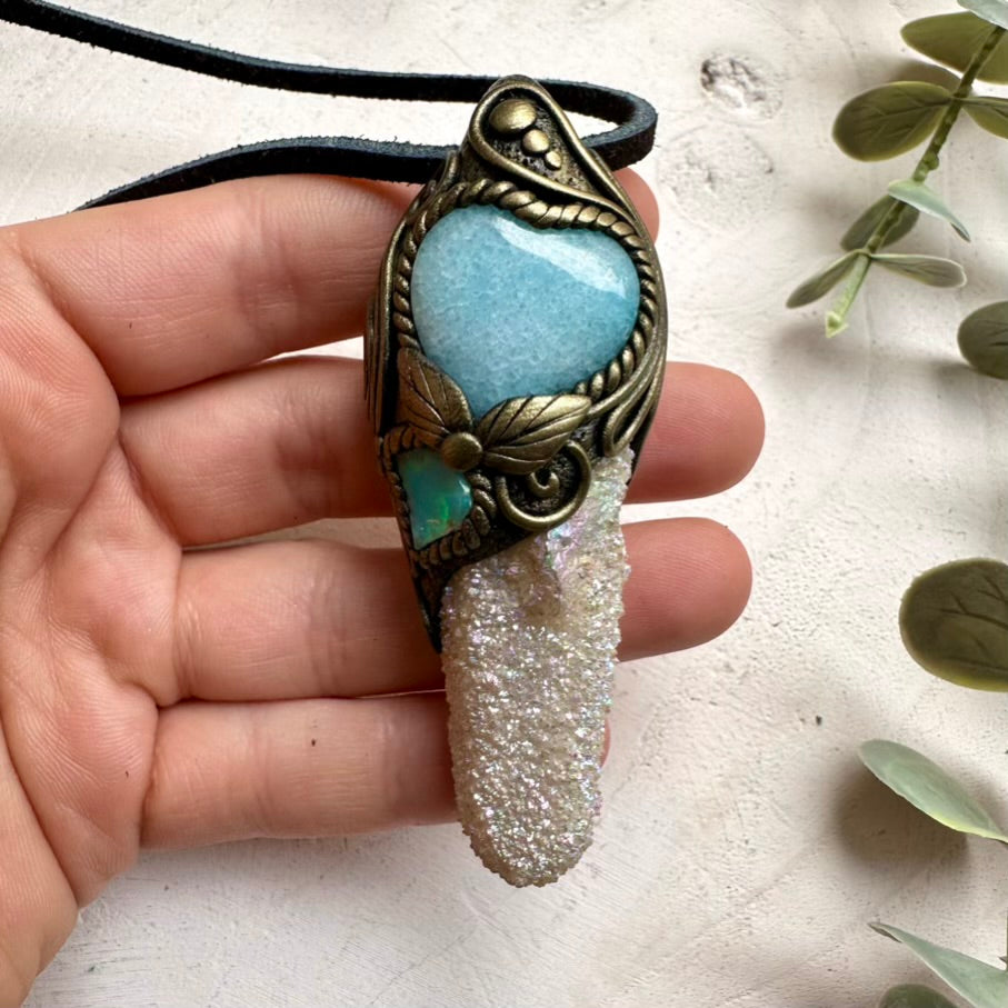 Angel Aura Spirit Quartz Aquamarine Heart and Raw Ethiopian Opal Necklace