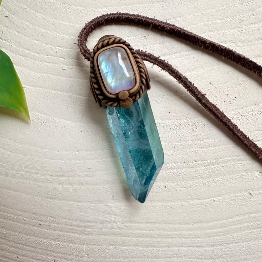 Aqua Aura Quartz and Moonstone Pendant Necklace, Handmade Jewelry