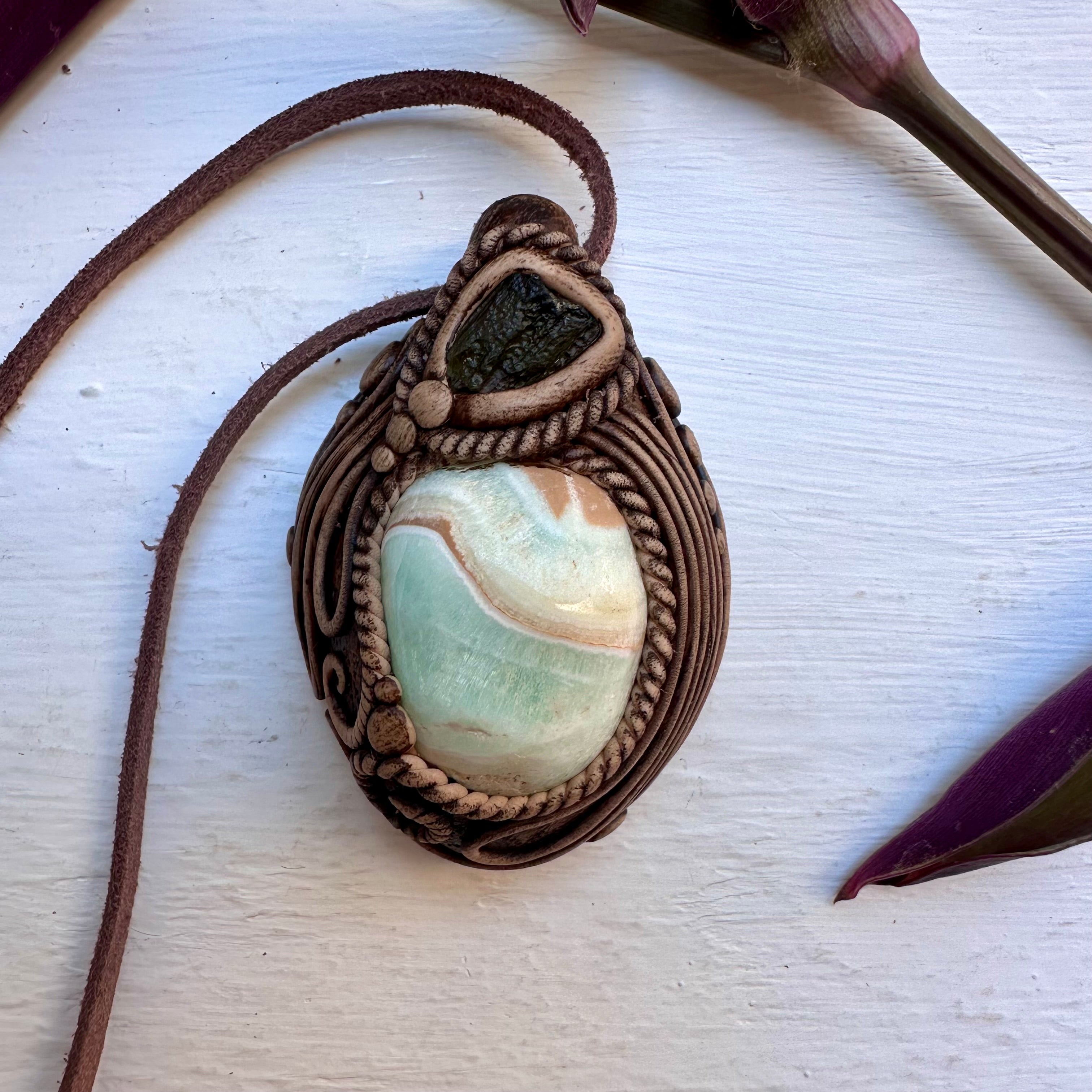 Caribbean Calcite and Moldavite Necklace - FairyGardenGlow