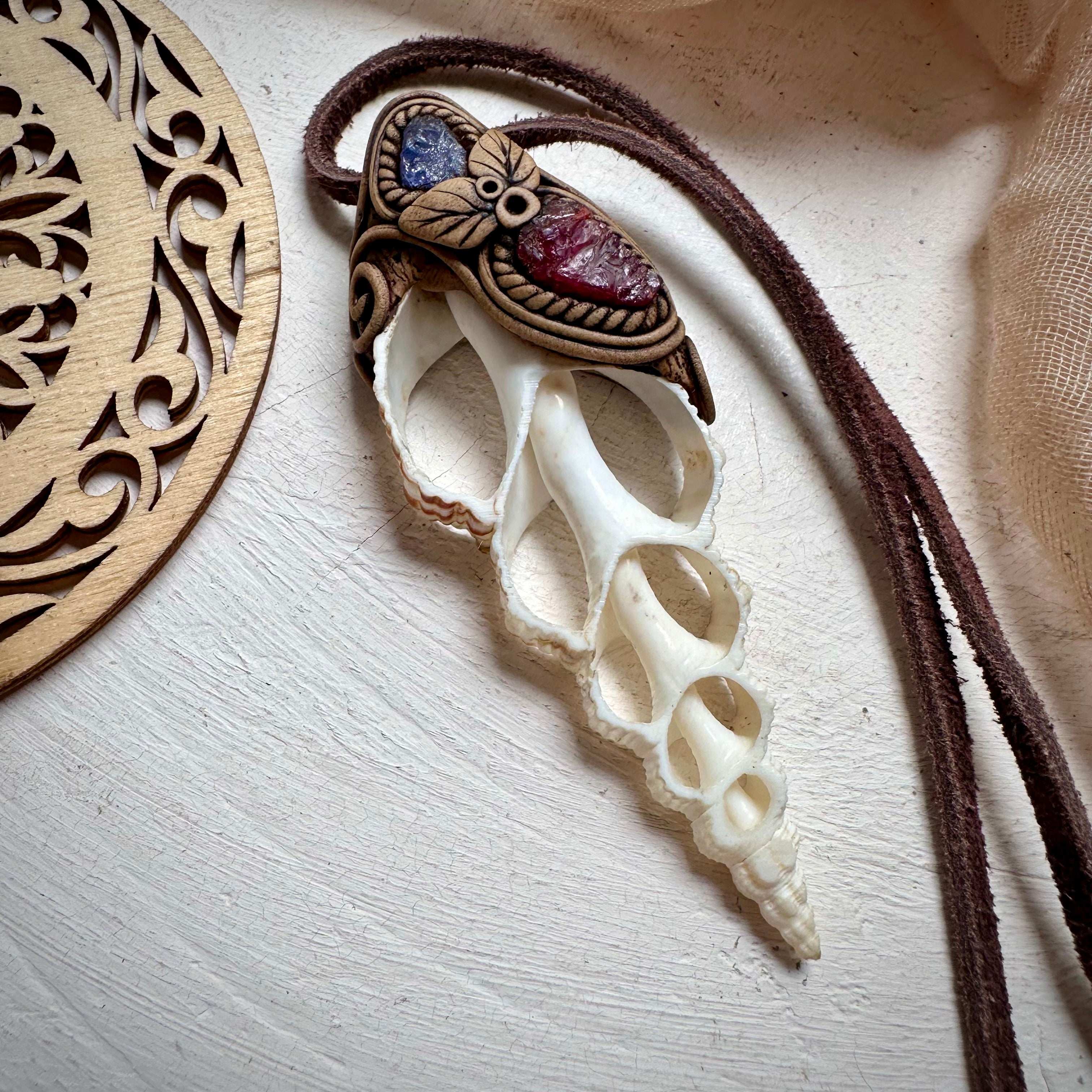 Seashell Rhodolite Garnet and Tanzanite Necklace - FairyGardenGlow