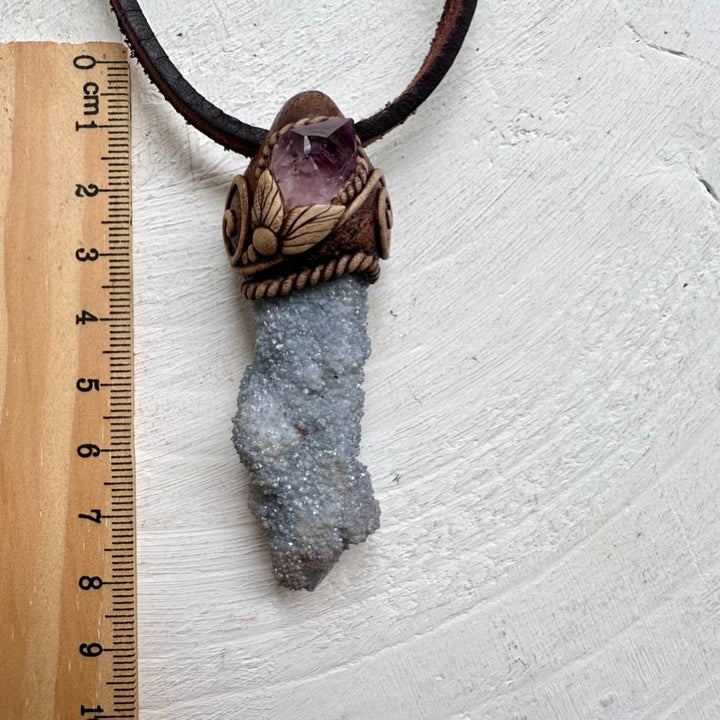 Aqua Aura Spirit Quartz and Raw Amethyst Pendant Necklace - FairyGardenGlow