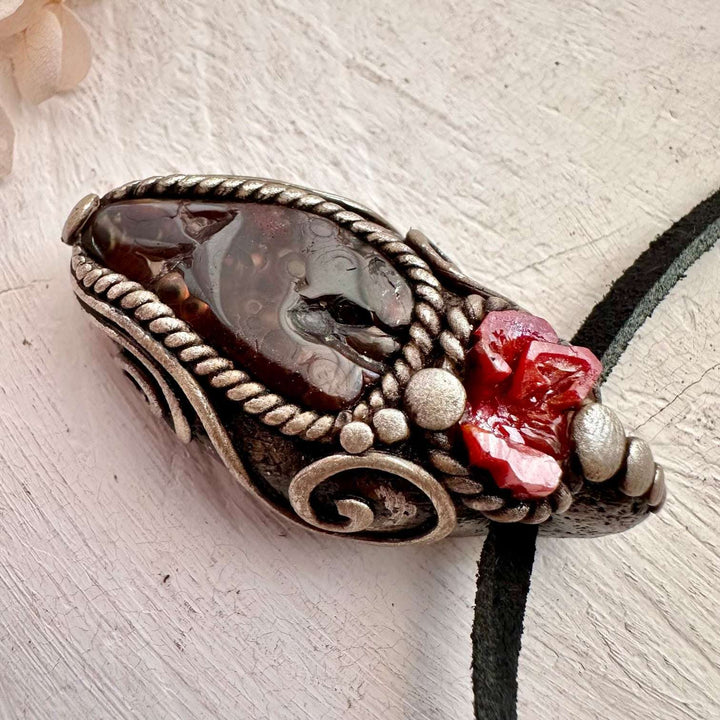 Fire Agate and Vanadinite Pendant, Handmade Crystal Jewelry - FairyGardenGlow