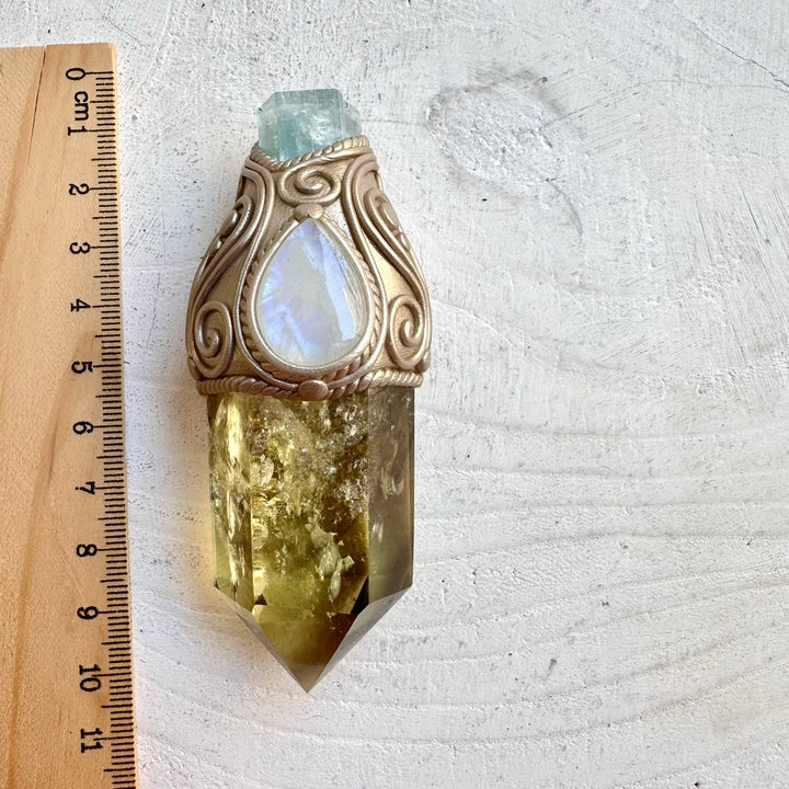 Crystal wand necklace with citrine moonstone and aquamarine healing crystals