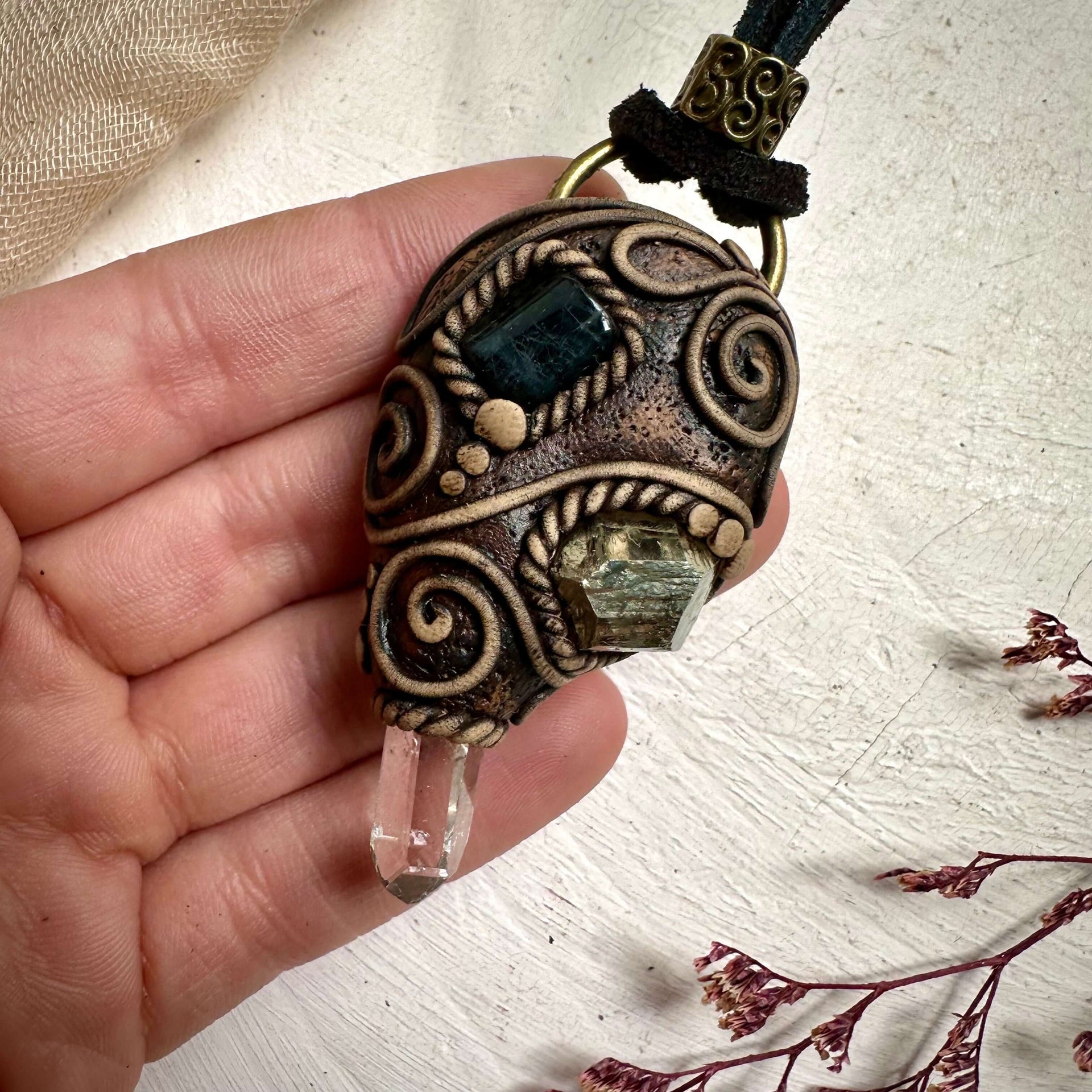 Clear Quartz Blue Tourmaline and Pyrite Necklace