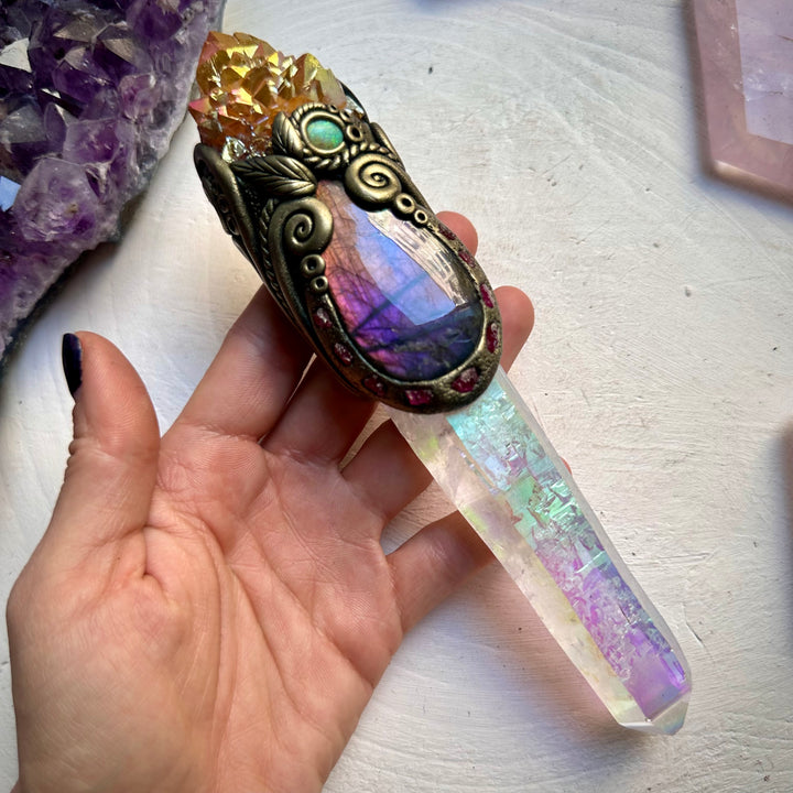 Long Angel Aura Quartz Sunset Aura Spirit Quartz Labradorite Raw Ruby and Australian Opal Wand - FairyGardenGlow