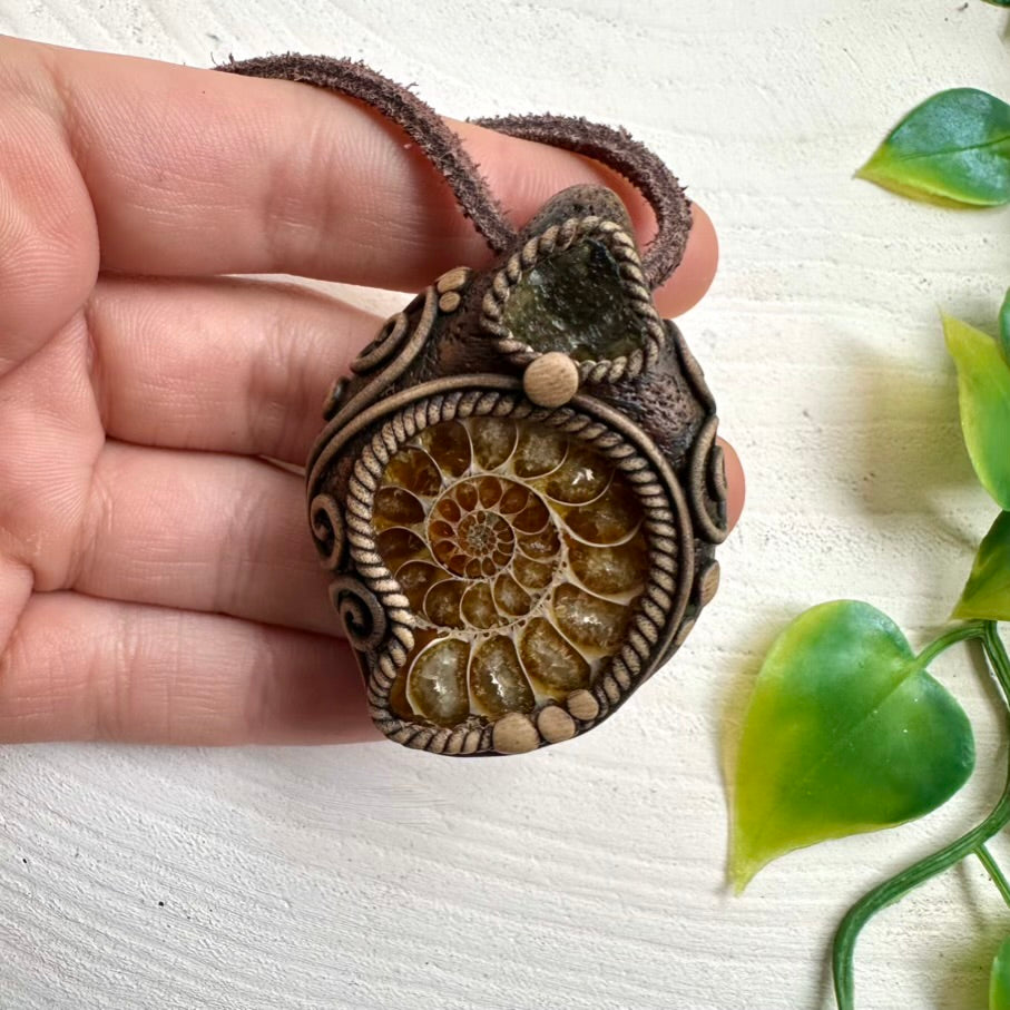 Ammonite and Moldavite Pendant Necklace