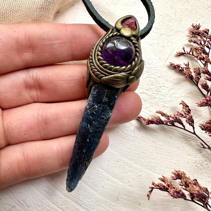 Blue Kyanite Amethyst and Raw Spinel Necklace - FairyGardenGlow